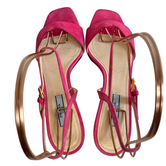 Prada high heel sandals pink suede 37.5 square toe ankle strap - Picture 5 of 15